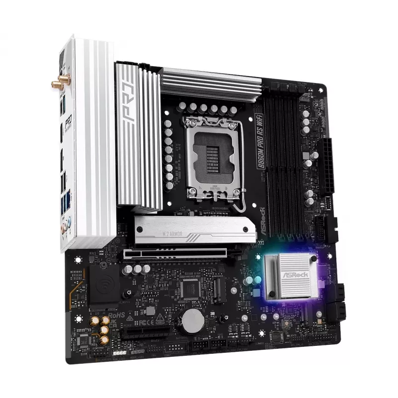 Mātesplate ASRock B860M Pro RS WiFi — Intel B860, LGA 1851, micro ATX, DDR5, 4 DIMM, 3x M.2, 2.5Gb LAN, Wi‑Fi, Bluetooth