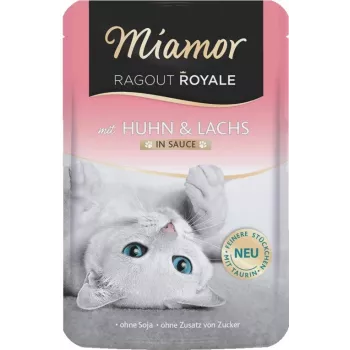 Mitrā kaķu barība Miamor Ragout Royale ar vistu un lasi 100 g — bez graudiem, bez sojas, bez lipekļa