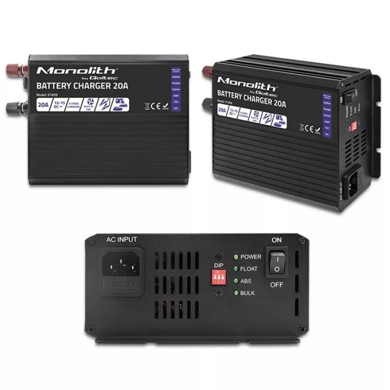 Lādētājs QOLTEC Monolith 20A 12V LiFePO4, AGM, GEL, SLA akumulatoriem