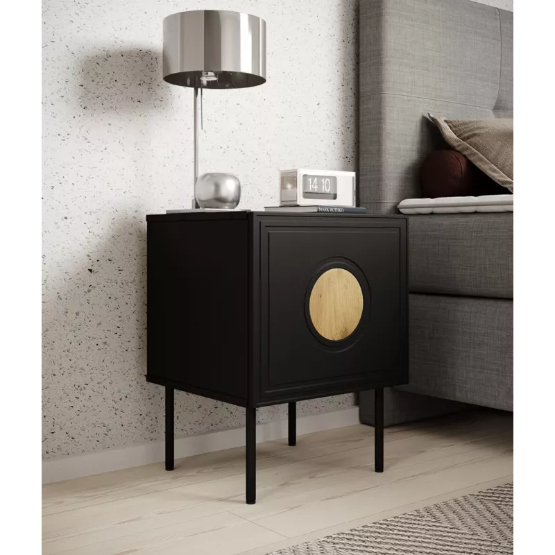 Naktsgaldiņu komplekts 2 gab. cama meble PALAZZO 44,5×40×59 cm melns un ozolkoka raksts — 1 durvis, matēts lamināts, metāla kājas