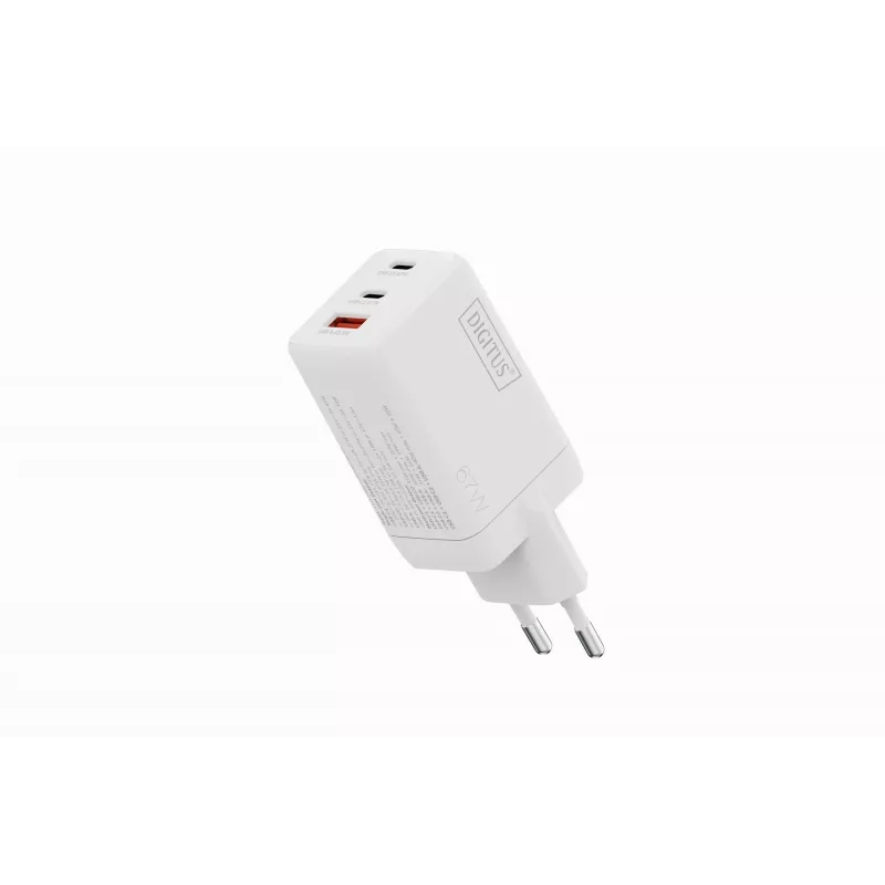 Wall charger DIGITUS DA-10303 67W GaN, 2× USB-C + 1× USB-A, 100–240V, balta