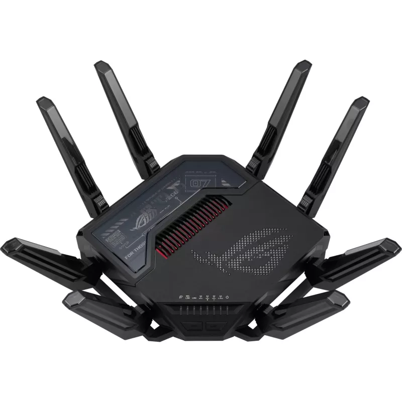 ASUS ROG Rapture GT-BE98 bezvadu maršrutētājs 10 Gigabit Ethernet četru joslu (2.4 GHz / 5 GHz-1 / 5 GHz-2 / 6 GHz) Melns