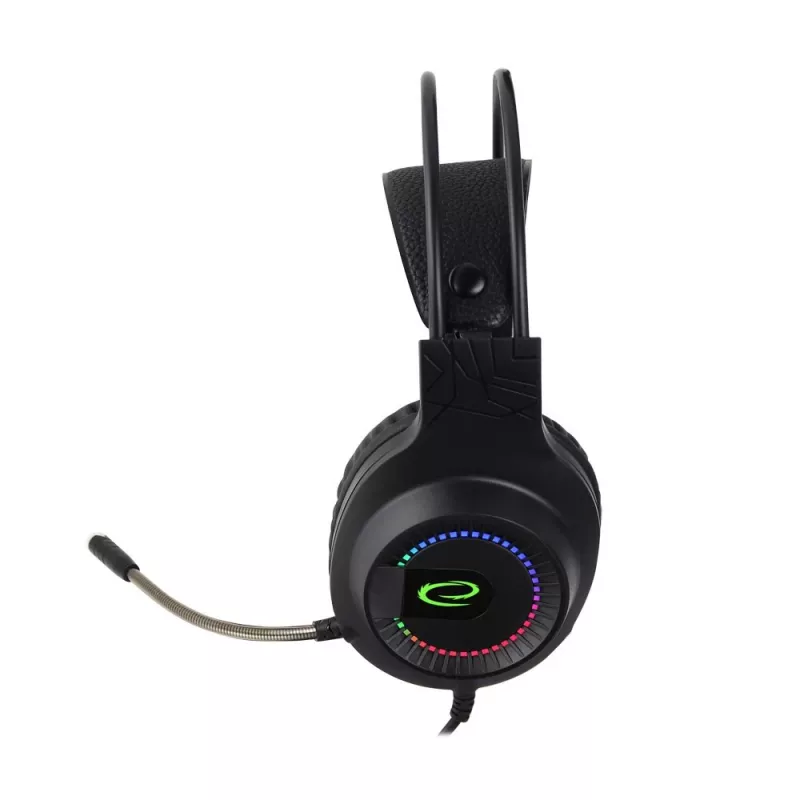 Vadu austiņas ESPERANZA EGH7100 — over-ear spēļu austiņas, USB 2.0, 1,5 m kabelis, mikrofons ar sviru, RGB galvas saite, 32 Ω, 4 cm draiveri, 269 g