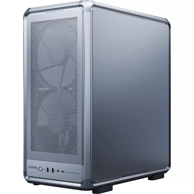 PC Midi Tower Cooler Master MasterFrame 500 Mesh — melns ar caurspīdīgu sānu, atbalsta ATX barošanas blokus, 2x200mm priekšā + 1x120mm aizmugurē, 2.5 collu/3.5 collu diski