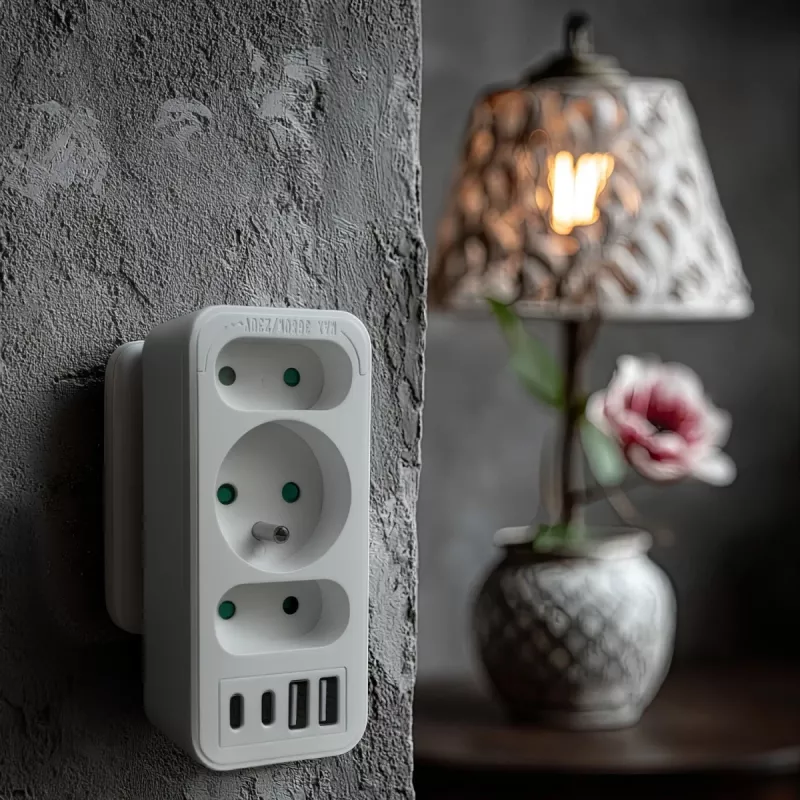Strāvas sadalītājs MACLEAN MCE248 F/W — 3 maiņstrāvas kontaktligzdas (1×16A, 2×6A) + 4×USB (2×A, 2×C PD 20W), ES kontaktdakša, balts
