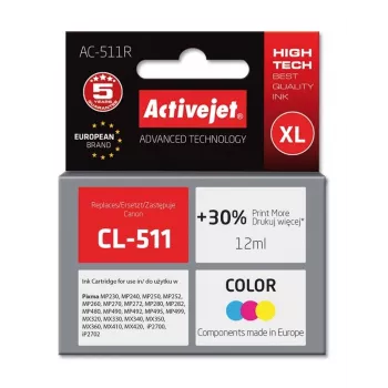 Tintes kasetne ActiveJet AC-511R saderīga ar Canon CL-511, uz krāsvielas bāzes CMY, liela (XL) ietilpība 12 ml, viens iepakojums