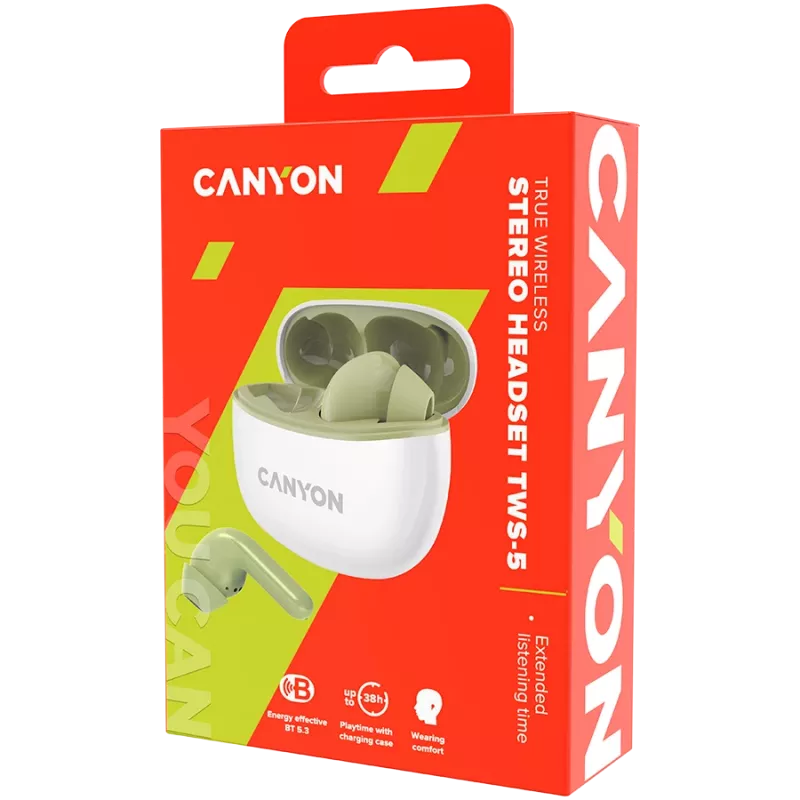 CANYON TWS-5 austiņas, zaļas, Bluetooth 5.3, skārienjutīga vadība, uzlādes ieeja: USB-C
