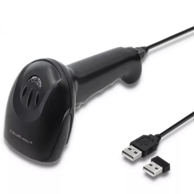 Rokas svītrkodu lasītājs QOLTEC 50868 — 1D/2D lāzera skeneris, USB vadu un bezvadu, darba attālums 600 mm, melns