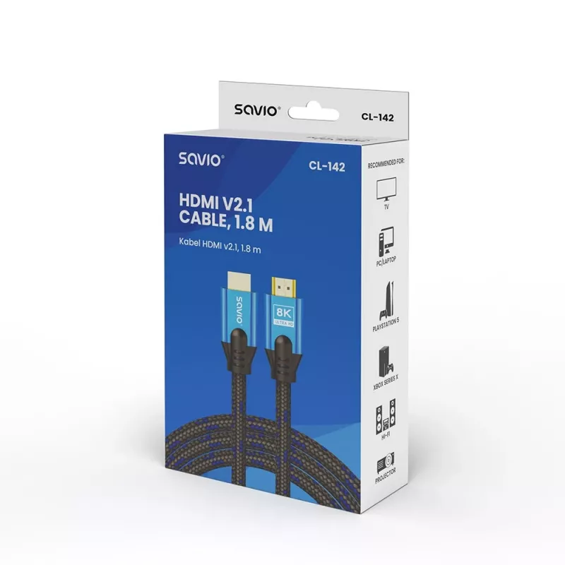 HDMI kabelis Savio CL-142 v2.1 1,8 m, HDMI Type A kontaktdakša–kontaktdakša, zeltīti kontakti, melns/zils