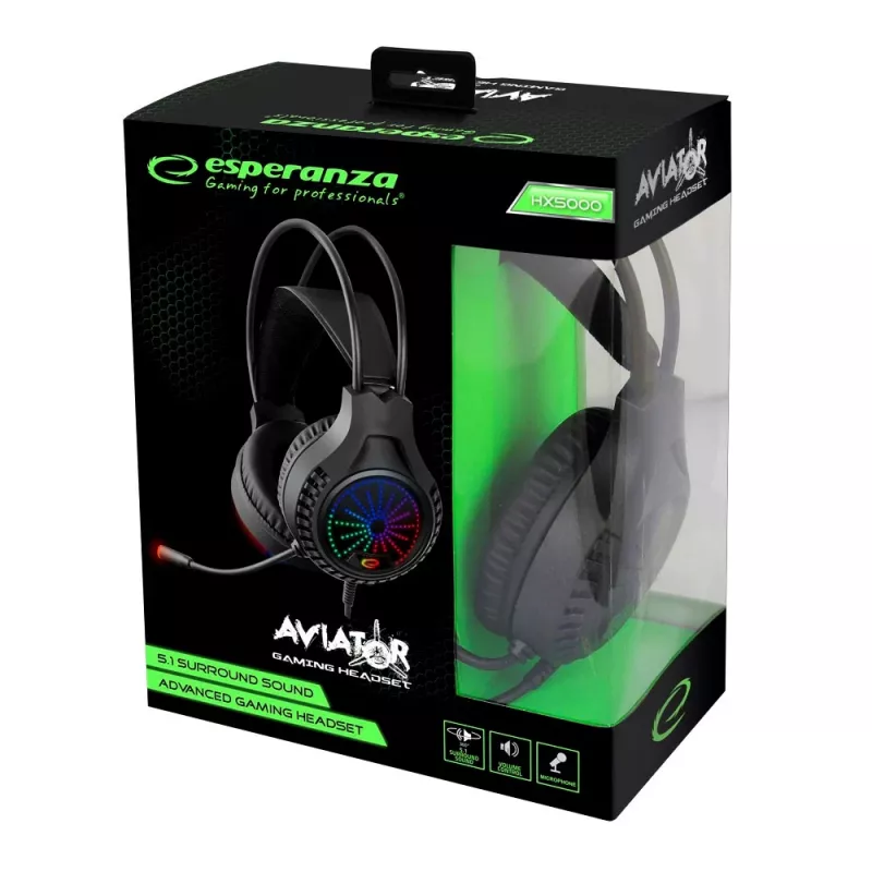 Vadu spēļu austiņas ESPERANZA EGH5000 — apskaujošas, USB 2.0, 20–20 000 Hz, 32 Ω, 105 dB, 1,5 m kabelis, regulējams mikrofons