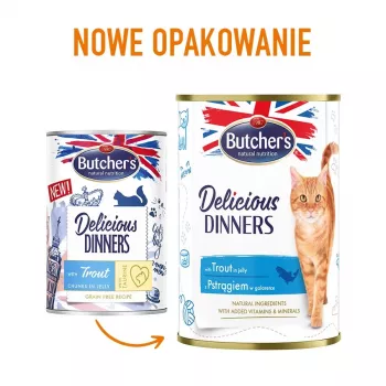 Mitrā kaķu barība Butcher's Pet Care Delicious Dinners 400 g — foreles garša, pieaugušiem kaķiem, bez konservantiem, bez lipekļa