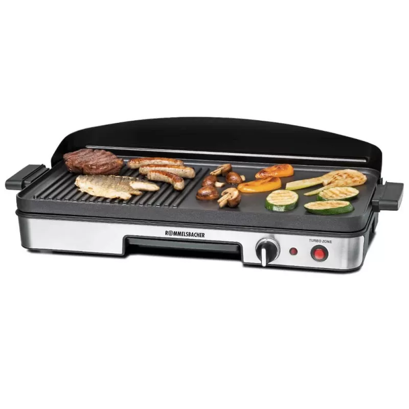 Elektriskais galda grils Rommelsbacher BBQ 2003 — 1900 W, 50×25 cm, rievota + Teppanyaki, regulējams termostats, sudraba/melns