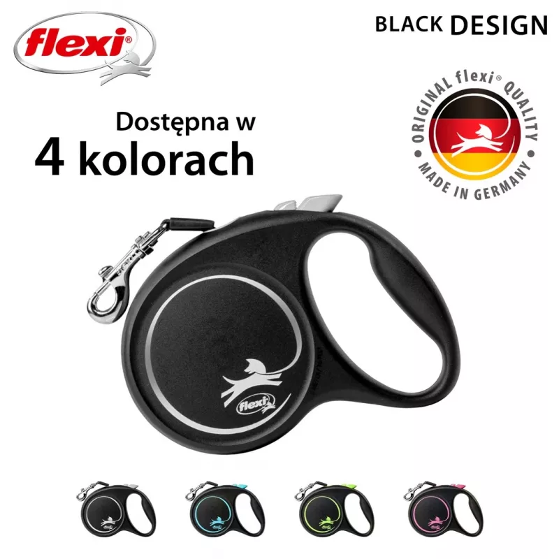 Saliekamā suņu pavada Flexi Melns Design M, lentes pavada, 5 m, vidēja izmēra šķirnēm (10–25 kg), maksimālā slodze 20 kg