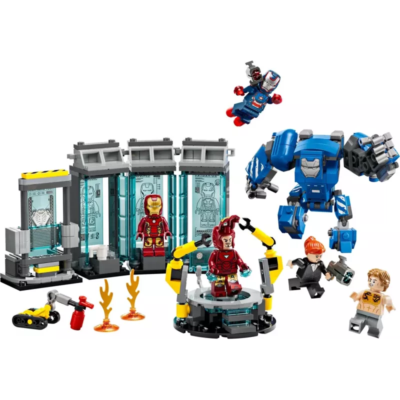 LEGO rotaļu komplekts Marvel Iron Man's Laboratory Hall of Armor 76315 — 384 detaļas, 5 minifigūriņas, izstādīšanas zona