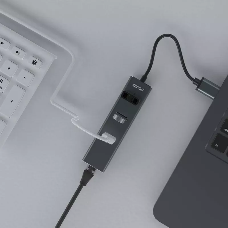 SAVIO USB-A centrmezgls ar RJ-45 Gigabit Ethernet AK-57 — 3× USB-A + RJ-45, USB 3.2 Gen 1 Micro‑B resursdators, 5 Gbit/s, 4 porti, pelēks