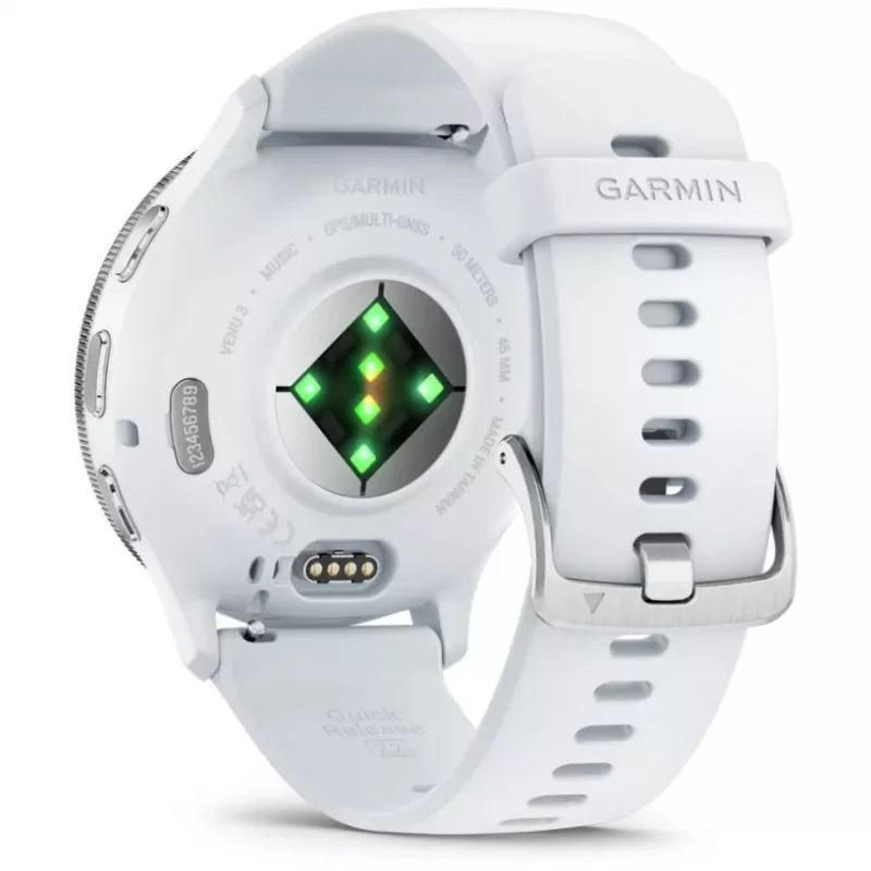 Viedpulkstenis GARMIN Venu 3 — 1,4 collu AMOLED, 45 mm korpuss, GPS, Wi‑Fi, 8 GB, Sudraba/Balts, silikona siksna