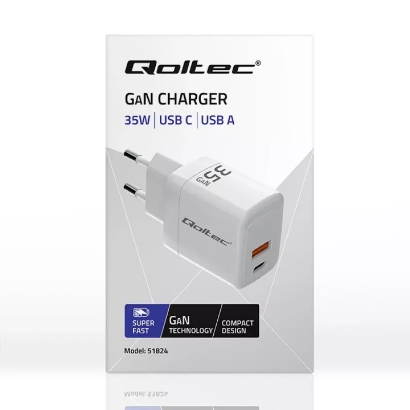 Lādētājs QOLTEC 51824 GaN 35W USB-C PD & USB QC 3.0, 5–20V, 1x USB-C, 1x USB-A