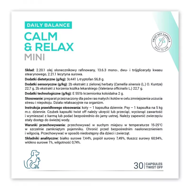 Nomierinošs uztura bagātinātājs VETEXPERT Calm&Relax Mini — 30 kapsulas maziem suņiem un kaķiem, 100 g, bez cukura, bez lipekļa