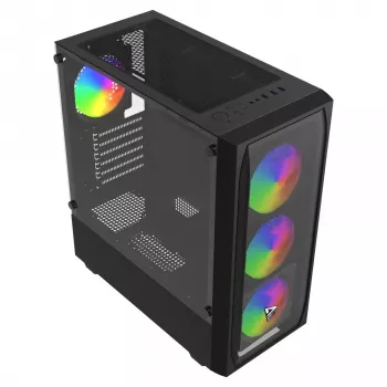 PC korpuss SAVIO Noctis Flow RGB — Cube, ATX/Mini-ITX, 3x 120 mm priekšējie ventilatori, rūdīta stikla sānu panelis, max GPU 35 cm