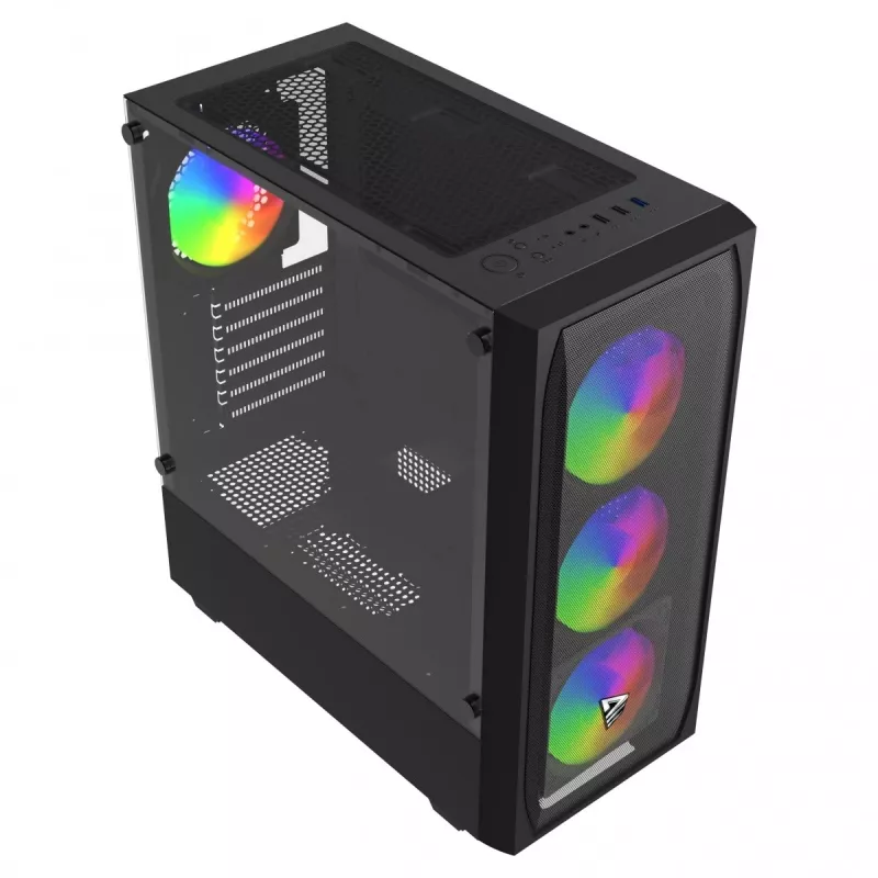 PC korpuss SAVIO Noctis Flow RGB — Cube, ATX/Mini-ITX, 3x 120 mm priekšējie ventilatori, rūdīta stikla sānu panelis, max GPU 35 cm