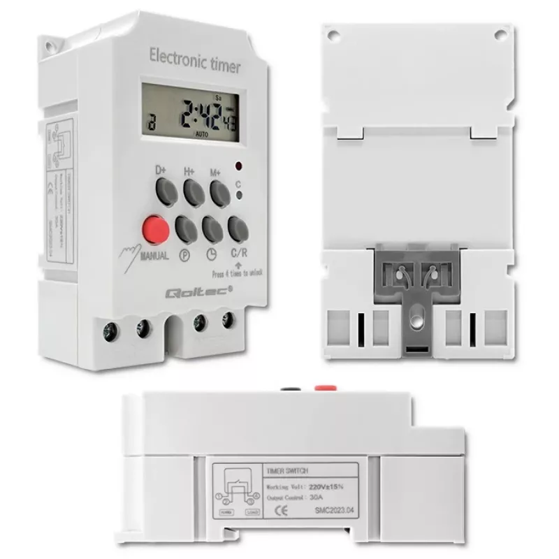 DIN-sliedes elektroniskais taimeris QOLTEC PC0629 — 24V barošana, 16A izeja