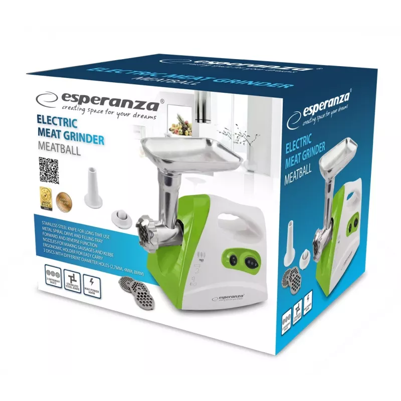 Gaļas maļamā mašīna ESPERANZA EKM012G — 600 W, nerūsējošā tērauda asmens, desu pildīšanas uzgalis, kebe pagatavotājs, reverss, neslīdošās pēdiņas, balta/zaļa
