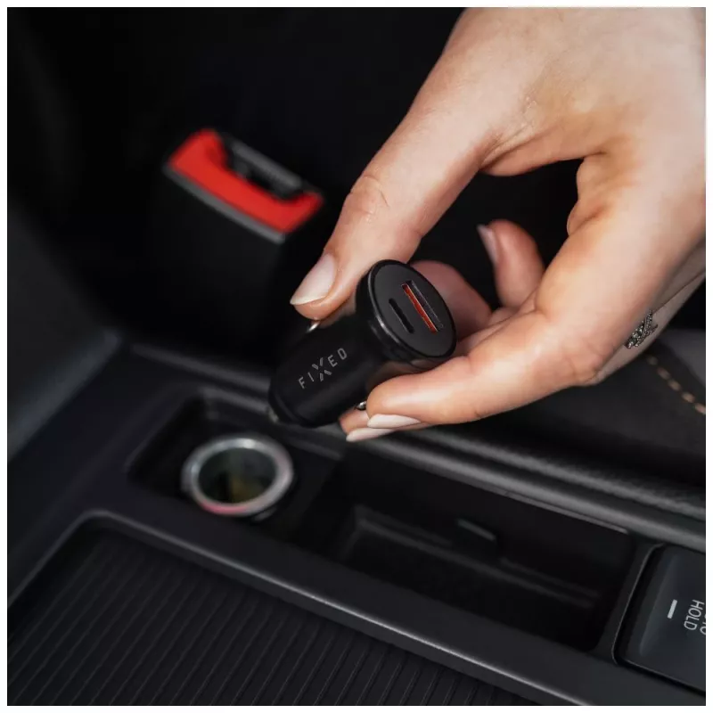 Auto lādētājs FIXED FIXCC20N-CU-BK — USB-C un USB-A porti, 20W izeja, kompakts automašīnas adapteris