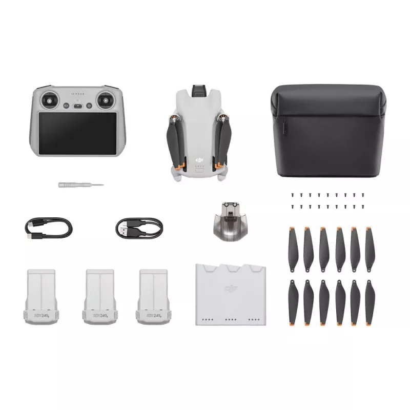 Quadcopter DJI Mini 3 Fly More Combo — 4 rotoru drons, 12 MP 4K kamera, 10 000 m diapazons, maks. ātrums 10,55 m/s, 2453 mAh baterija, 0,248 kg, pelēks