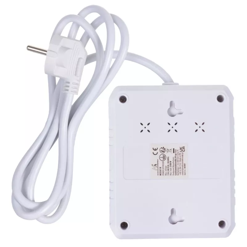 Strāvas sadalītājs MACLEAN MCE387 W — 2 rozetes, 3×USB A, 110–240V, 2500W, 1,5 m kabelis, balts