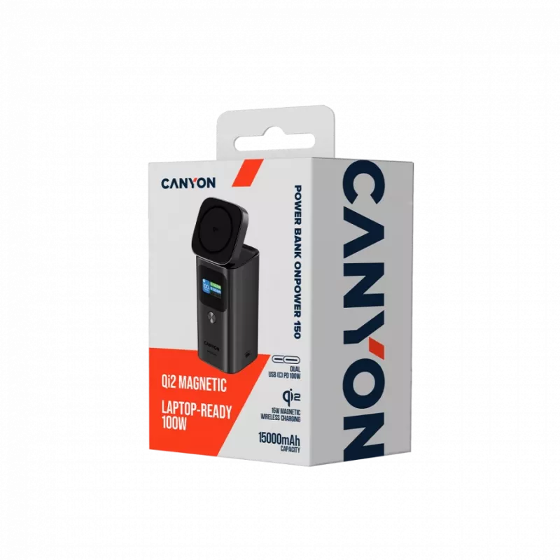 CANYON Qi2 magnētiskais barošanas bloks OnPower 150 15000mAh Alumīnijs Tumši pelēks
