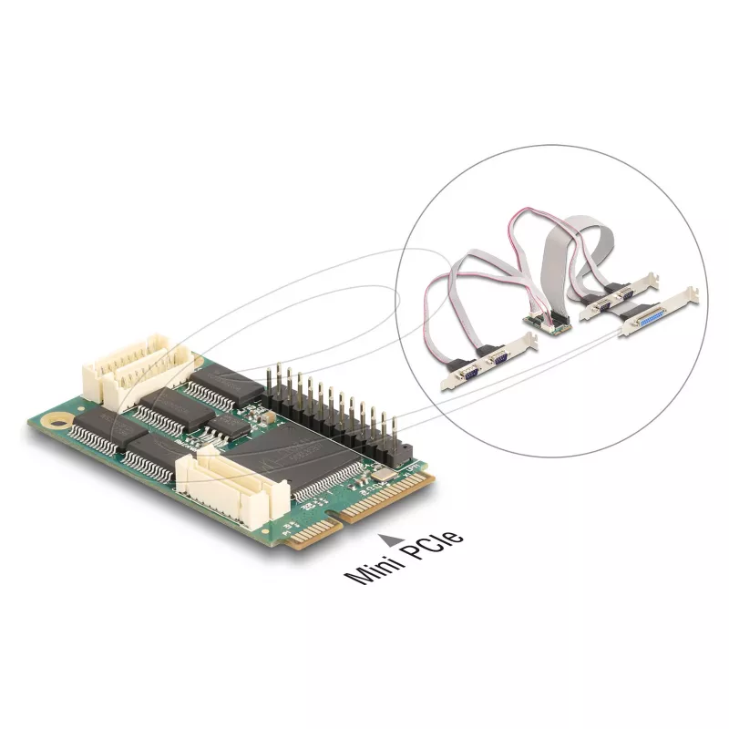 Iekšējais Mini PCIe saskarnes adapteris DELOCK 95279 — seriālais saimnieks, Mini PCIe izeja, RS-232 atbalsts, 460,8 Kbit/s, FIFO 256 B, 30×51×10 mm