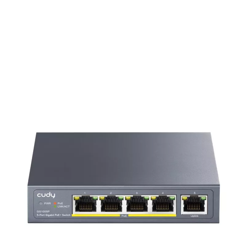 Tīkla slēdzis Cudy GS1005P — 5 portu Gigabit Ethernet ar 4 PoE portiem, 60W kopējā jauda, metāla korpuss, montējams statīvā