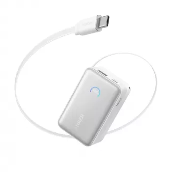 Ārējais akumulators Anker A1638 10000 mAh, 45 W kopējā izejas jauda, balts, iebūvēts izvelkams USB-C kabelis