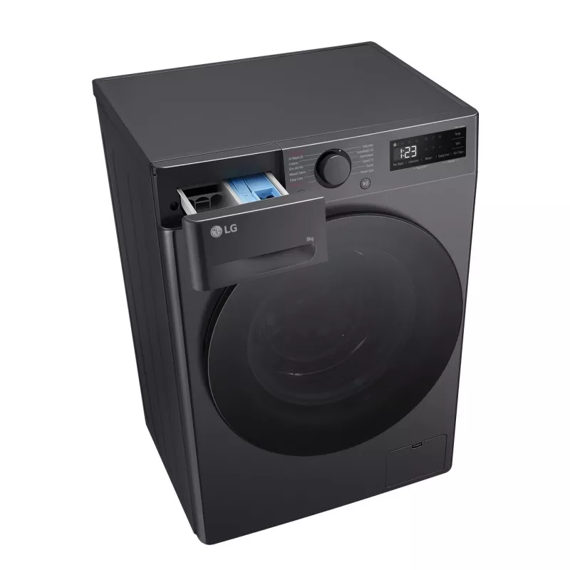 Veļas mazgājamā mašīna LG F2WR508S2M — ar priekšējo ielādi, 8 kg, 1200 apgr./min, A efektivitātes klase, 60×48 cm, LED, vidēji melna