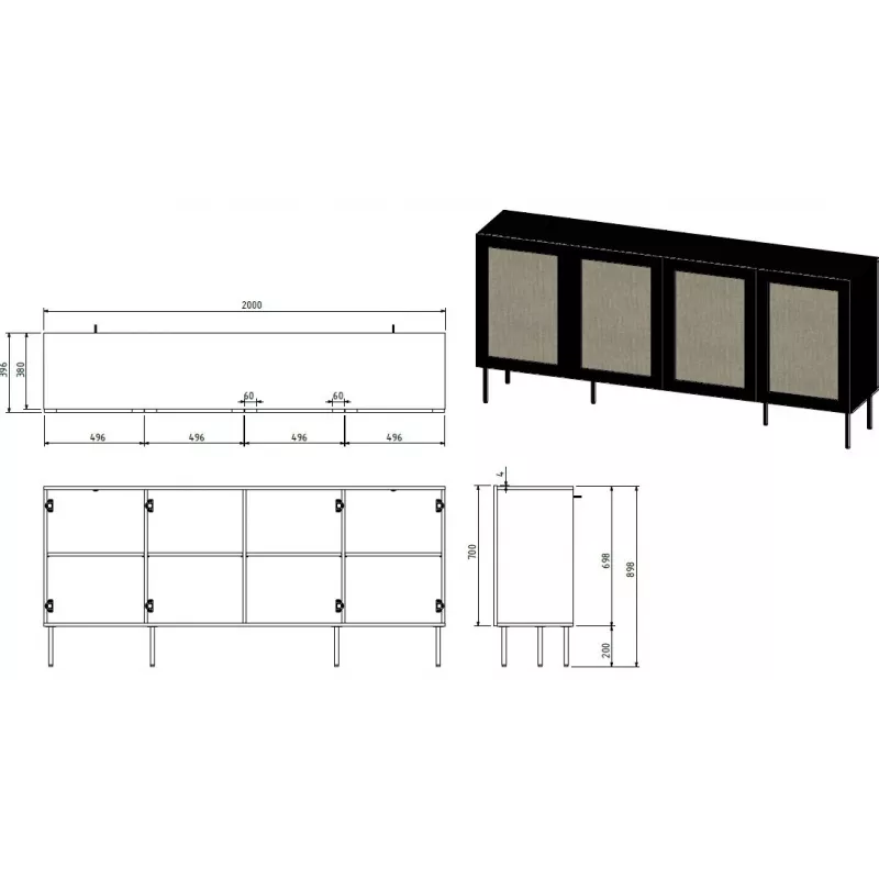JUTA 4D kumode 4D 200x39,5x90 melns + linol calabria