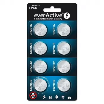8 litija bateriju komplekts everActive 4 x CR2032, 2 x CR2025, 2 x CR2016
