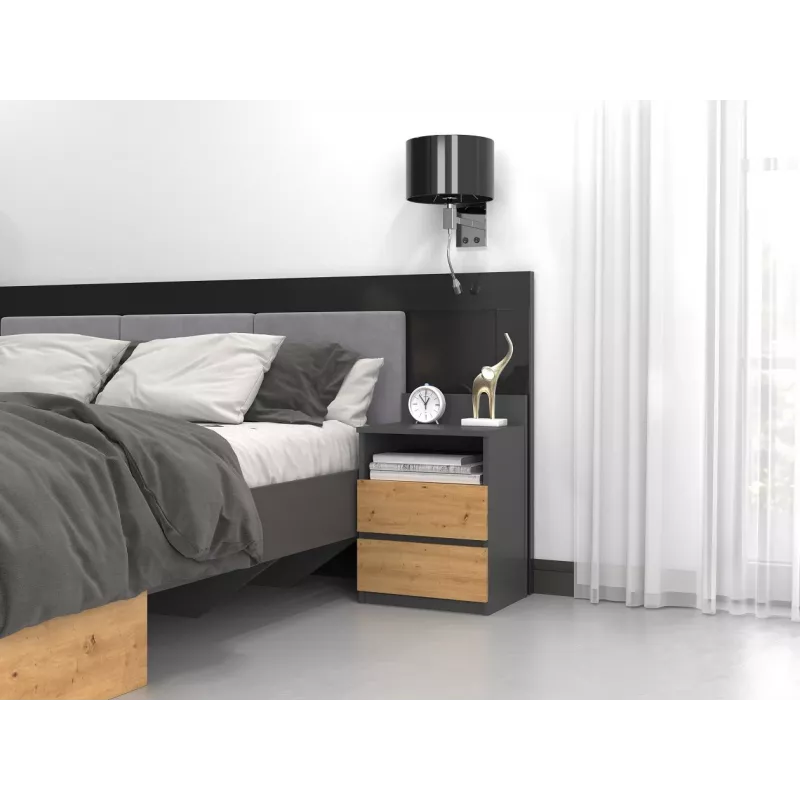 Naktsgaldiņš top e shop M1 ANTRACYT/ARTISAN, Ozols, 2 atvilktnes, 400×320×590 mm
