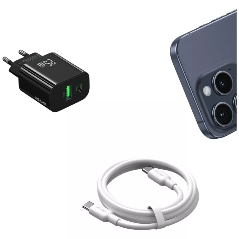 USB lādētājs usams USA001629 25W 1xUSB-C + 1xUSB-A ātra uzlāde