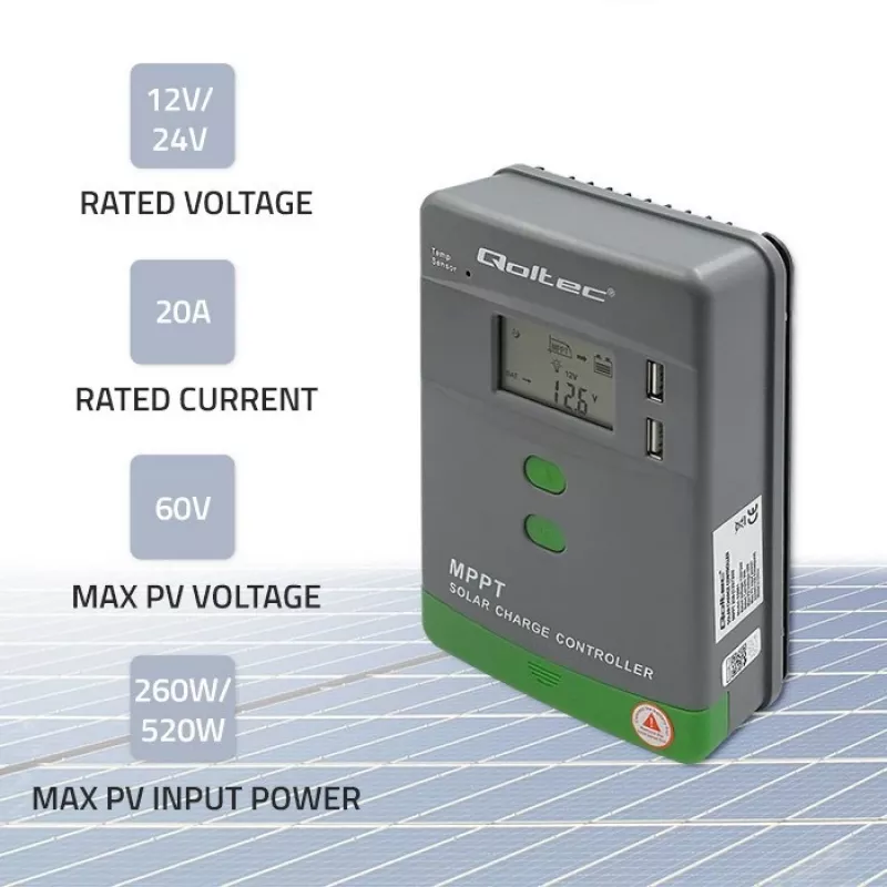 Qoltec, saules MPPT lādēšanas kontrolieris ar temperatūras sensoru 20A 12V/24V Displejs LCD 2 X USB