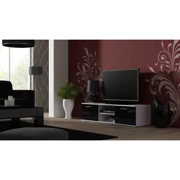 TV statīvs cama meble SOHO 140 — 1400×430×370 mm, balta virsma, skaidu plātne, balts rāmis, melnas spīdīgas fasādes