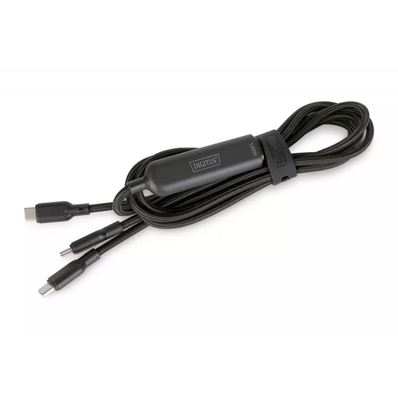 DIGITUS USB-C 2-in-1 uzlādes kabelis 140 W, USB-C uz 2×USB-C, 1,8 m, USB 2.0, melns