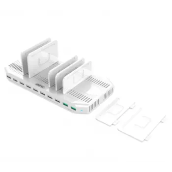 Uzlādes stacija Unitek Y-2190A — 10 × USB ports (8 × USB 2.0 + 2 × USB 3.2 Gen 1), bezvadu uzlāde, 96 W kopējā jauda