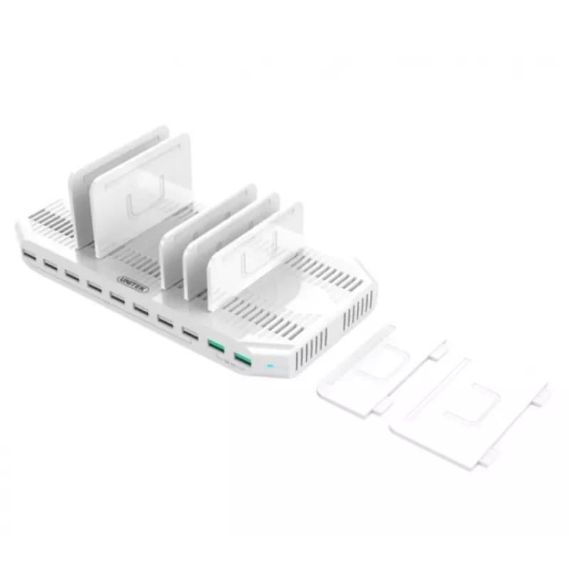 Uzlādes stacija Unitek Y-2190A — 10 × USB ports (8 × USB 2.0 + 2 × USB 3.2 Gen 1), bezvadu uzlāde, 96 W kopējā jauda