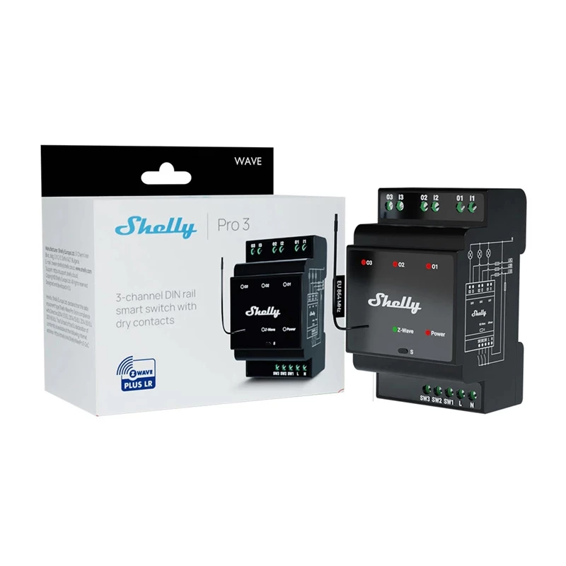 DIN-sliedes viedais relejs Shelly WavePro3, 3 kanālu Z-Wave, 110–240 V, 25 A kanālā, AES-128, DIN uzstādīšana