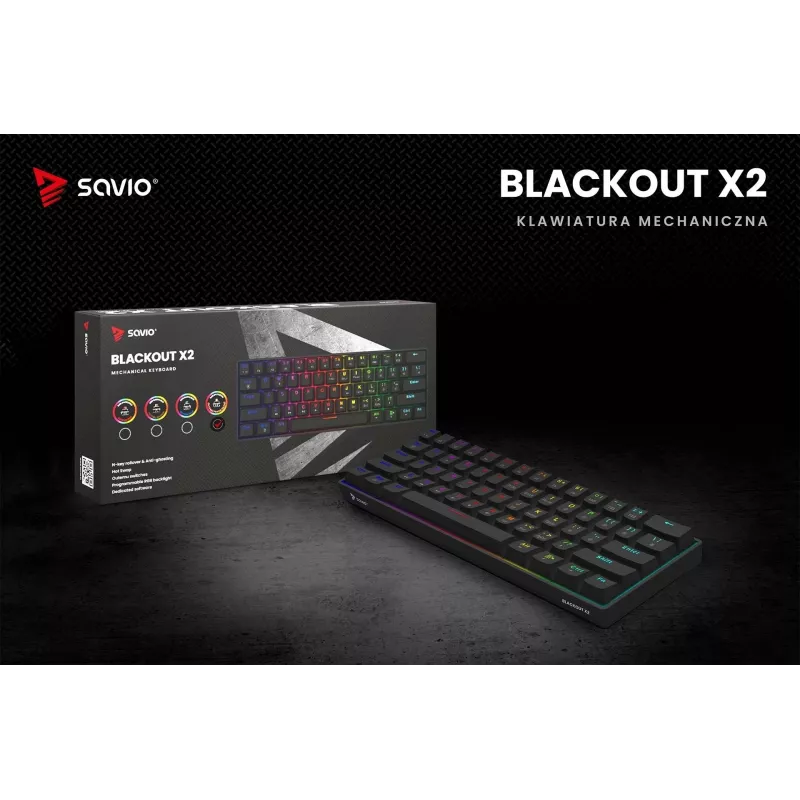 Mehāniskā spēļu tastatūra SAVIO MelnsOUT X2 PEACH — 61 taustiņu 60% QWERTY, RGB LED, hot-swap, USB Type-A/Type-C, noņemams kabelis