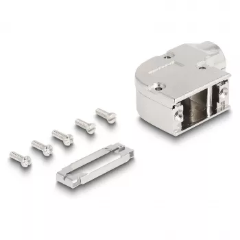 Kabeļa aizsargs DELOCK D-Sub korpuss 9‑kontaktu tēviņam/mātītei ar metāla kronšteinu 90° leņķī, sudraba, 33×47×16 mm