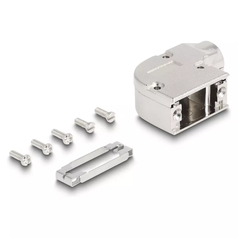 Kabeļa aizsargs DELOCK D-Sub korpuss 9‑kontaktu tēviņam/mātītei ar metāla kronšteinu 90° leņķī, sudraba, 33×47×16 mm