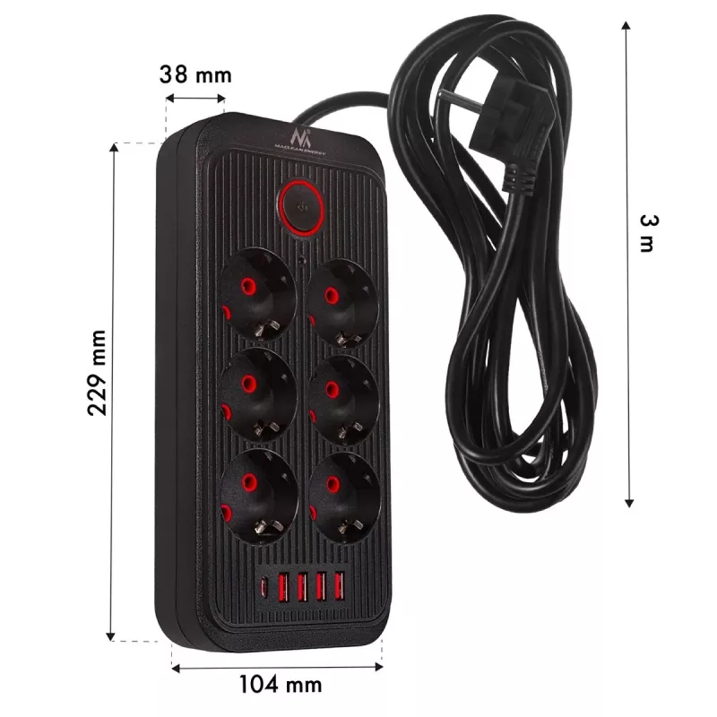 Strāvas sadalītājs MACLEAN MCE391 B – 6 rozetes, 4×USB-A + 1×USB-C, 110–240V, 2500W, 3 m kabelis, melns