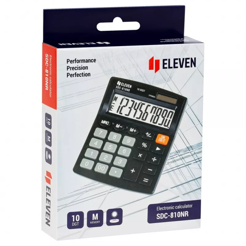 ELEVEN kalkulators birojam SDC-810NR ar 10 ciparu displeju, divējādi darbināms, melns