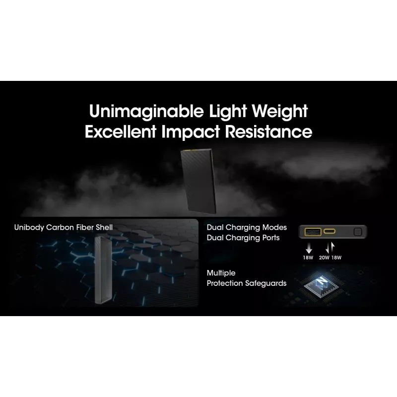 Pārnēsājams ārējais akumulators Nitecore CARBO 10000 — litija jonu 10000 mAh, 38 W PD, USB‑A + USB‑C, pelēks